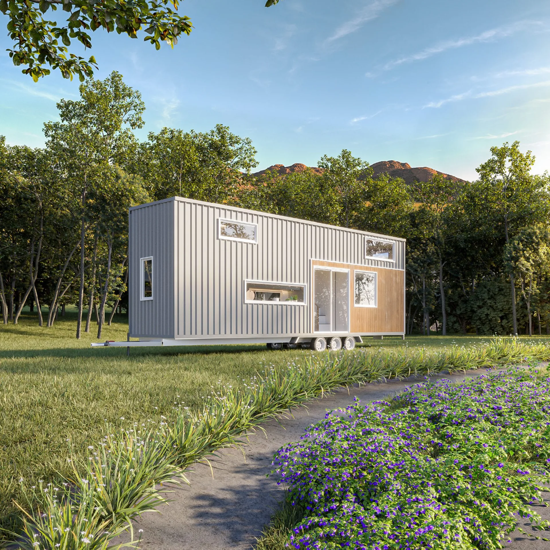 The Serenity tiny home in a meadow, with mountains behind