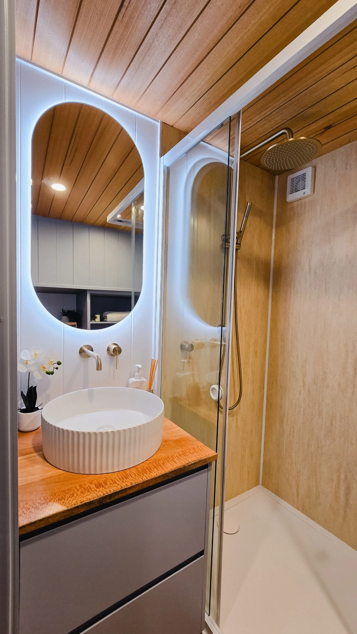 Serenity bathroom with oval backlit mirror and timber-lined shower