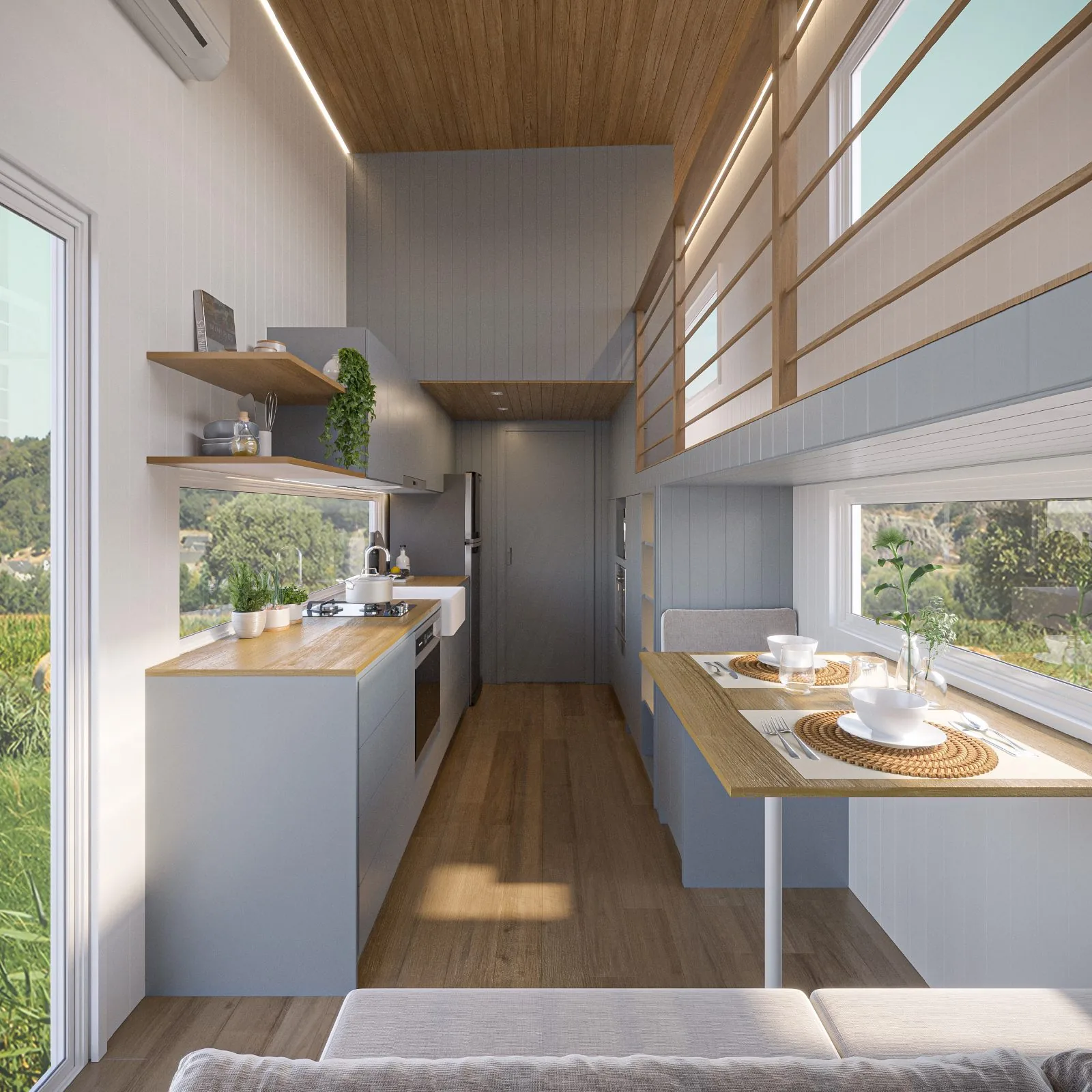 Serenity loft bedroom with timber ceiling, picture window and built-in joinery